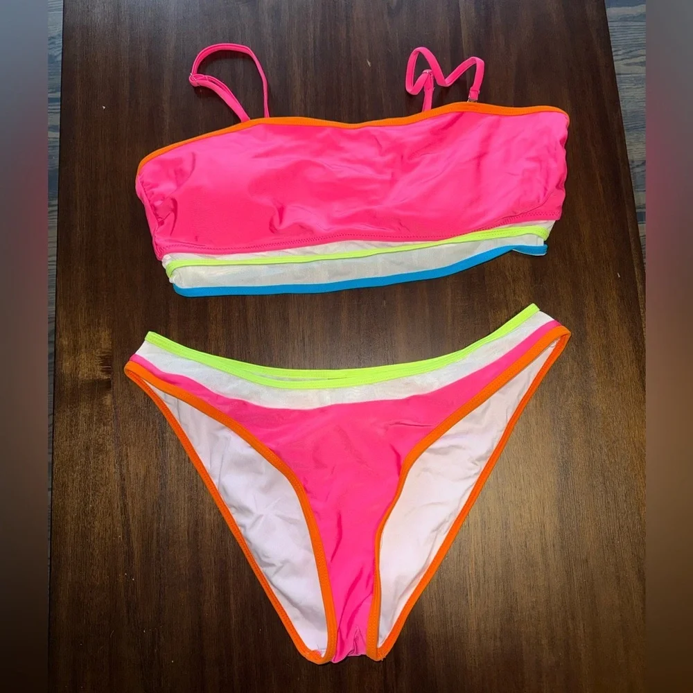 Neon Pink Bikini Set with Lime & Blue Trim and Orange Accent - Size XL - Picture 1 of 4